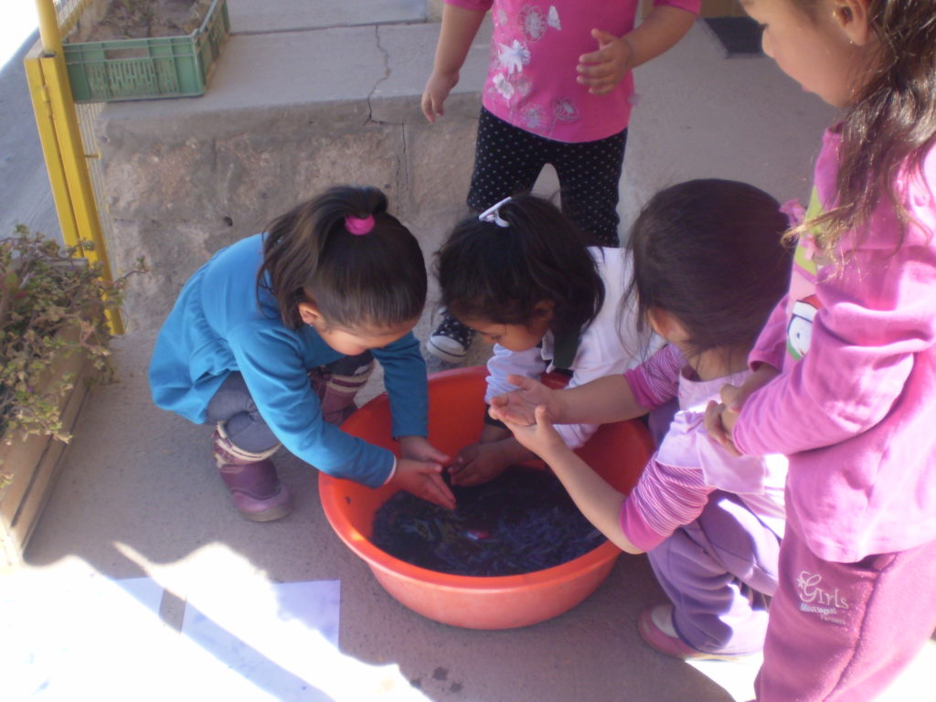 Les enfants de Mamiña teignent du papier au choux rouge