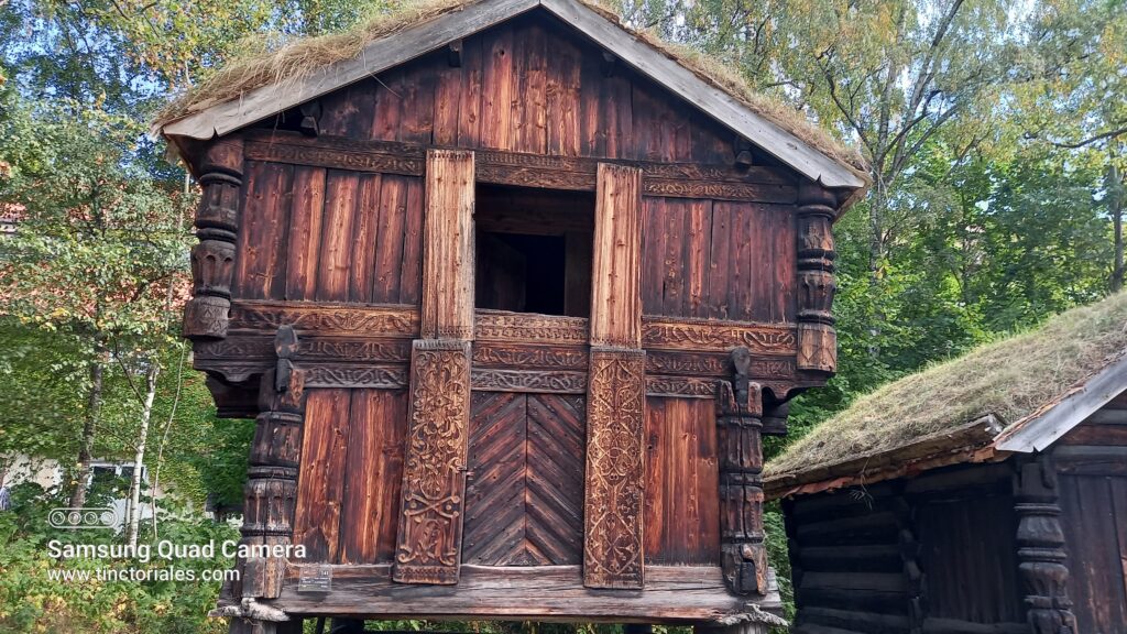 Grenier de 1754 de la région de Telemark, presque tous les toits sont végétalisés
